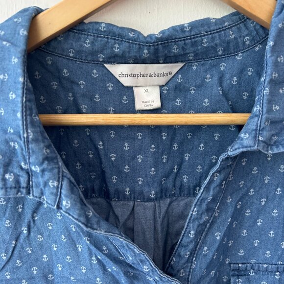 Christopher & Banks Popover Denim Blouse Womens XL Collared Anchors Nautical - Picture 3 of 5